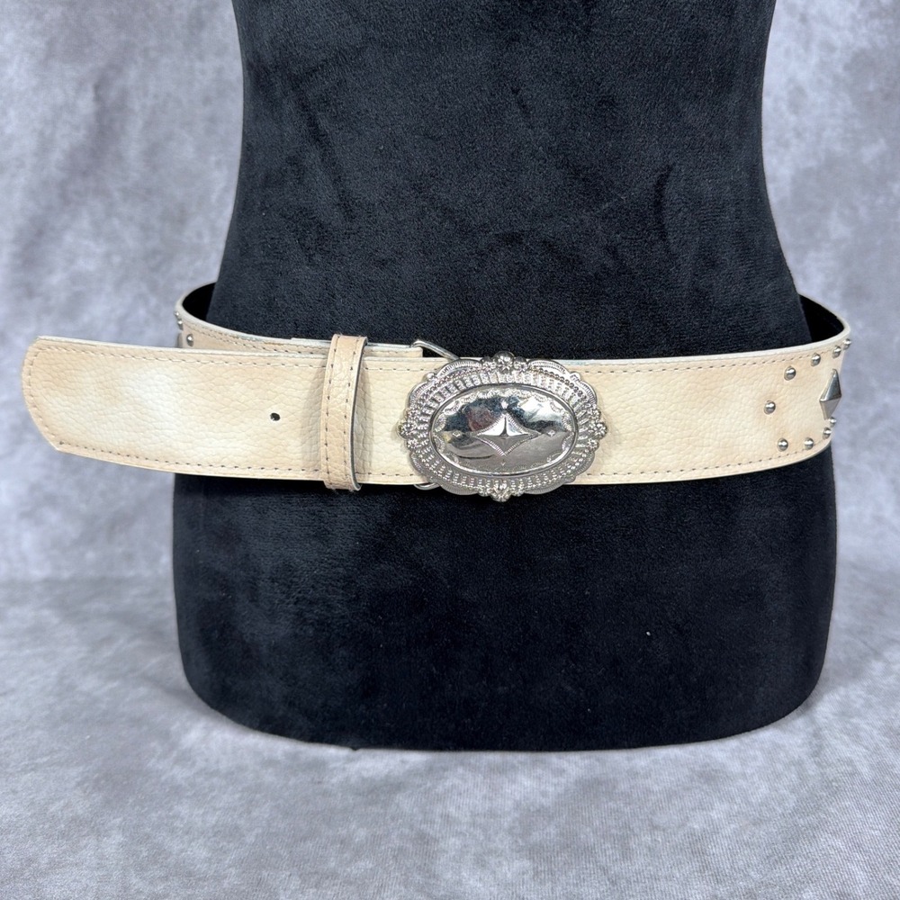 Vintage Cream Leather Wide Western Belt Silver Oval Concho Studded Y2K Boho 31.5